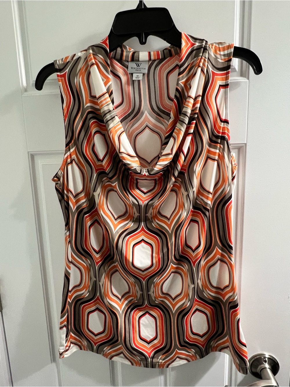 Worthington Sleeveless Cowl Neck Geo-Print Top in Orange & Brown